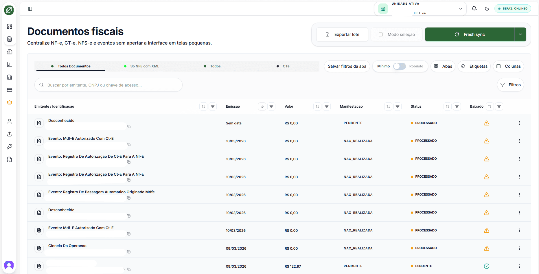 Tela de documentos fiscais da LeafDFe com busca, filtros e sincronização