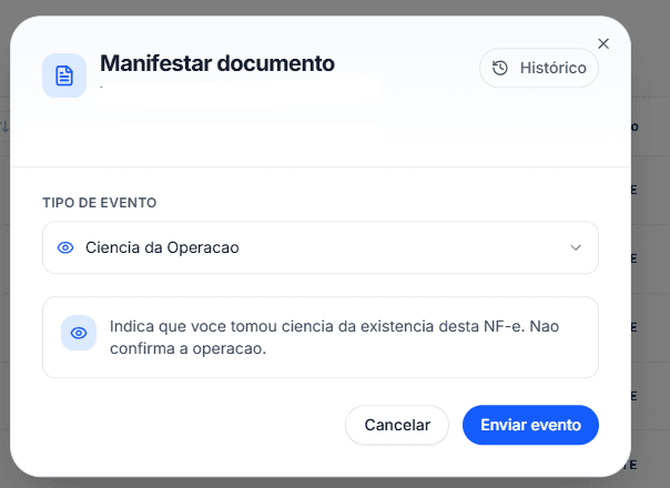 Janela de manifestação de documento fiscal na LeafDFe com seleção de evento