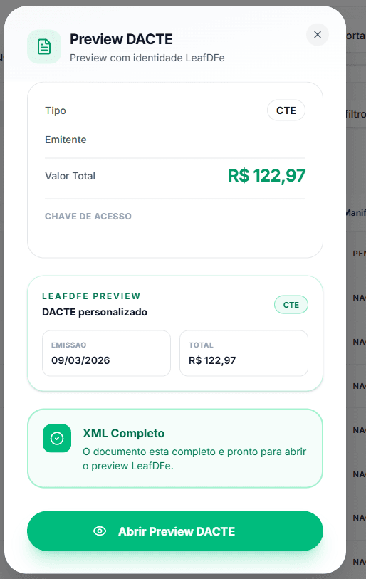 Pré-visualização de DACTE dentro da plataforma LeafDFe