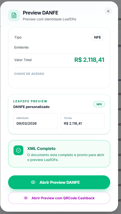 Pré-visualização de DANFE dentro da plataforma LeafDFe